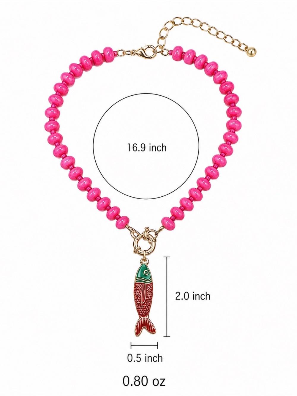 Anthropologie Pink Beaded Necklace with Red & Green Fish Pendant NWOT - Picture 2 of 3